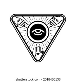 Black and white logo of Unidentified Air Phenomena (UAP) object, with 3 eyes on hand as a sign of witnessing. The UAP design  based on personal experience.