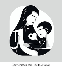 Black and white logo of a woman with a baby. Vanguard style. For organizations protecting the rights of children and mothers. Education. Psychology. Loving parents. Motherhood.