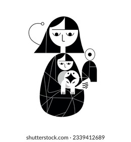 Black and white logo of a woman breastfeeding a baby. Vanguard style. For organizations protecting the rights of children and mothers. Education. Psychology. Loving parents. Motherhood.