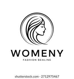 Logotipo preto e branco de um rosto de mulher em um círculo com a palavra femeny