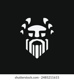 a black and white logo of a zeus head with a white beard.