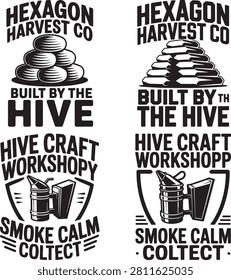 Black and white logos with bee hives and smokers