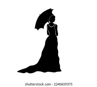 black and white logo,silhouette of a woman in a long vintage dress with an umbrella from the sun