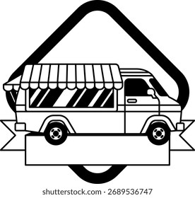 black and white logotype of A blue and pink food truck 