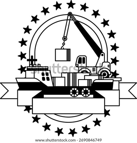 black and white logotype of A cargo ship with a crane
