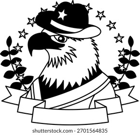 schwarz-weißes Logo eines Cartoon-Adlers mit Cowboyhut und Weste