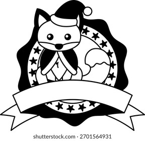 black and white logotype of A cartoon fox wearing a Santa hat 