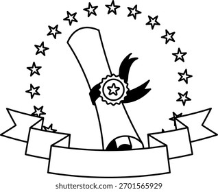 Logotipo en blanco y negro de un certificado con una cinta