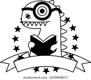 Logotipo en blanco y negro de Un dinosaurio está leyendo un libro