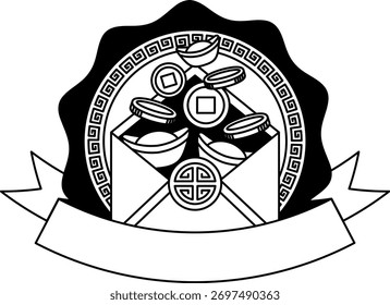 Logotipo en blanco y negro de un antiguo dinero chino envolvente