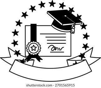 logotipo preto e branco de um boné de graduação e diploma 