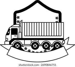 ícone de logotipo preto e branco de um caminhão de desenho animado com um escudo 