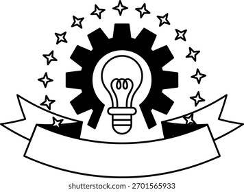 Logotipo en blanco y negro de Una bombilla está rodeada por un engranaje 