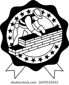 Logotipo en blanco y negro de un hombre está construyendo una pared con ladrillos