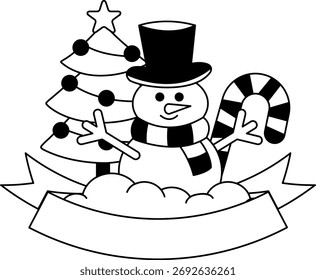 Logotipo en blanco y negro de un muñeco de nieve frente a un árbol de Navidad