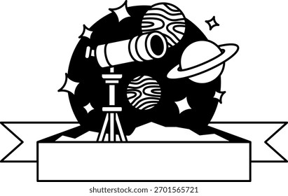 Schwarz-Weiß-Logo eines Teleskops mit Planeten 