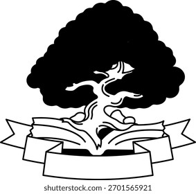O logotipo preto e branco de Uma árvore está crescendo de um livro aberto