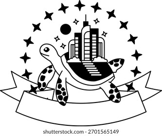 black and white logotype of A turtle and city on top