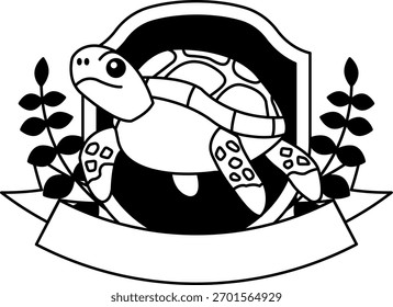 black and white logotype of A turtle is on shield