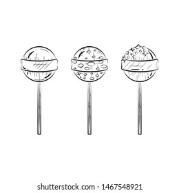 Black and white lollipop set. Candy icon. Simple line art. Vector illustration.