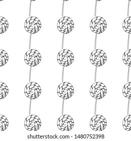 Black and white lollipops on a white background.Seamless pattern coloring book for kids and adults. Suitable for packaging, fabrics, wallpapers and simple colorings