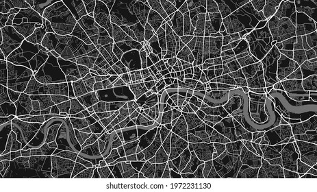 Black and white London city area vector background map, streets and water cartography illustration. Widescreen proportion, digital flat design streetmap.