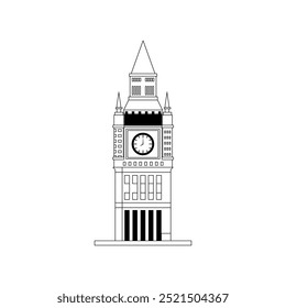 Lugar famoso de Londres blanco y negro, Ilustración vectorial de la torre del reloj del Big Ben. Lugar famoso de Inglaterra, de Londres. Diseño de Vector aislado sobre fondo blanco