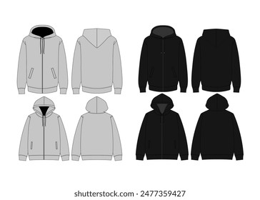 Black White Long Sleeves Sweatshirt Hoodie Template Apparel Blank Hoodie Sweatshirt Vector Fashion Illustration Streetwear Black Sweater Hoodie Flat Technical Drawing CAD Mockup Sweatshirt 