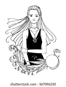 Black white longhair girl with frame manga anime style isolated sketch line art 