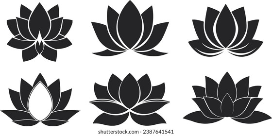 Black and white lotus flower icons set. Set of lotus flower silhouettes. Lotus flower silhouette icons. Vector illustration.