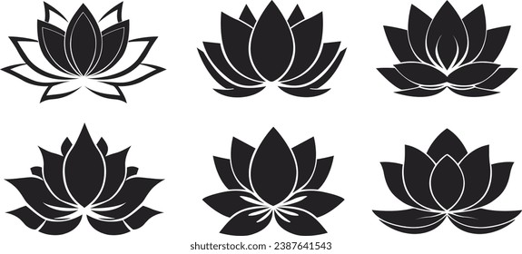 Black and white lotus flower icons set. Set of lotus flower silhouettes. Lotus flower silhouette icons. Vector illustration.