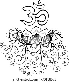 Black and white lotus illustration. Pattern, om and flower