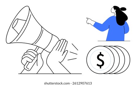 Black and white loudspeaker, woman pointing in blue attire, and stack of dollar coins. Ideal for marketing and promotion, business communication, financial topics, public speaking, advertising