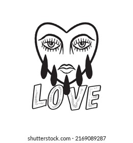 black and white love face heart doodle illustration for sticker tattoo poster tshirt design etc