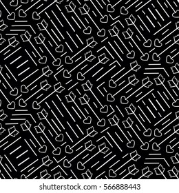 Black and white love flat seamless pattern with stream of Cupid's arrow. Happy Valentine's day or wedding background.