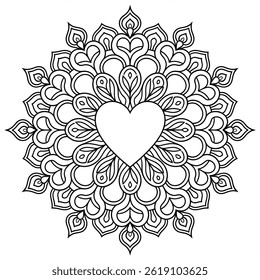 Um preto e branco amor coração mandala design colorir página