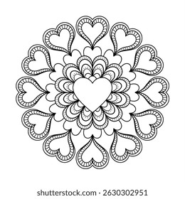 Une page de coloriage de conception mandala de coeur d'amour noir et blanc 