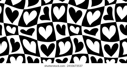 Black and white love heart seamless pattern illustration. Checkered romantic hearts background print. Valentine's day holiday backdrop texture, romantic wedding design.	