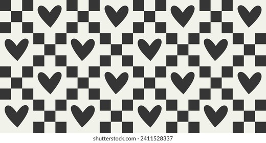 Black and white love heart seamless pattern illustration. Checkered romantic hearts background print. Valentine's day holiday backdrop texture, romantic wedding design.	