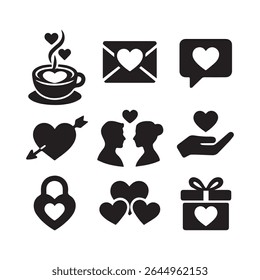 Black and White Love Icons Set Coffee Cup Heart Arrow Couple Gift Box vector