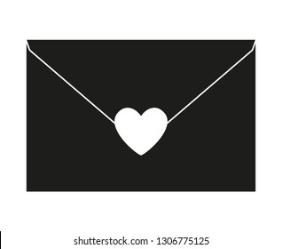 Black and white love letter silhouette. Envelope with heart seal. St Valentine day themed vector illustration for icon, stamp, label, badge, certificate, gift card, poster or banner decoration