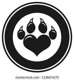 Black And White Love Paw Print Circle Logo Design. Vector Illustration With Background