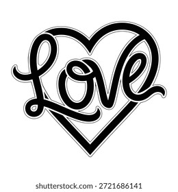 Tipografía de guion de amor en blanco y negro con contorno de corazón sobre fondo blanco