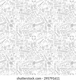 Black and white I love summer vacation tropical hand drawn lettering sketchy notebook doodles. Beach element objects collection, cartoon design, Vector art image illustration on white paper background