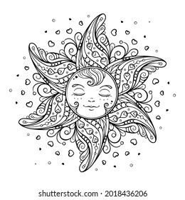 Black and white lovely ornamental sun coloring page. Sun in love. Valentine's Day coloring page.