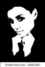 Black and white low key high contrast portrait of beautiful young woman. Easy editable layered vector illustration. 