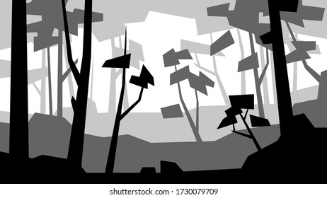 paisaje de baja polo negro y blanco denso árbol silhouette vector ilustración