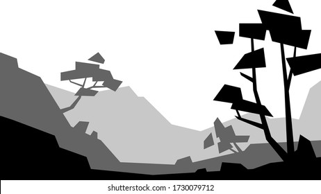 ilustración vectorial de la silueta de roca de montaña de los árboles montañosos bajos de color negro y blanco