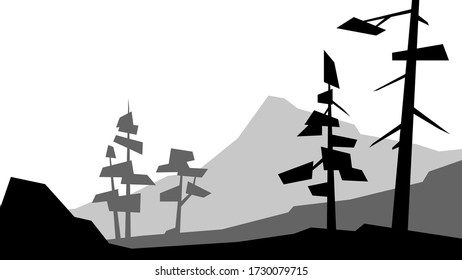 black and white low poly landscape mountain rock tree spruce pine silhouette vector illustration