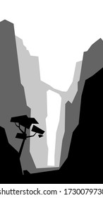 paisaje de baja polo negro y blanco desfiladero vertical de árbol pasa silueta de montaña ilustración vectorial